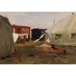 Чебаков Никита Никонорович. Палатки на целине. 1956г. 24x34. Картон, масло.