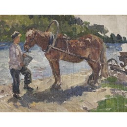 Руденко Александр Карпович. Иркутск. Мальчик кормит лошадь. 1952г. 43x34. Картон, масло.
